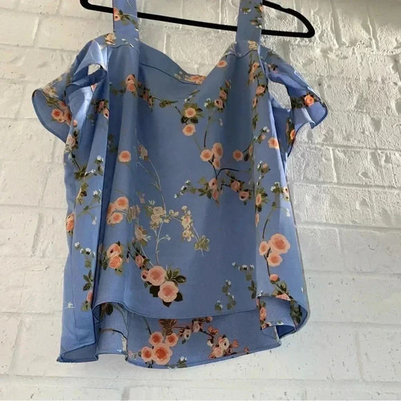 Women’s Size Large Too Cold Shoulder Floral Work Top Office Light Blue Soft - Picture 3 of 8